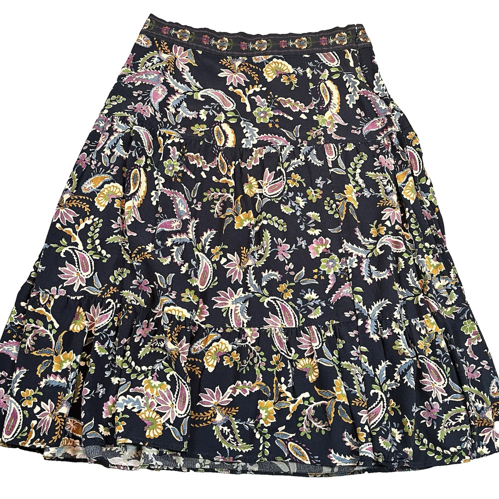 Sezane Tammie Midi Skirt Sz 42 Prairie Blue Navy Arabesque French Floral tiered